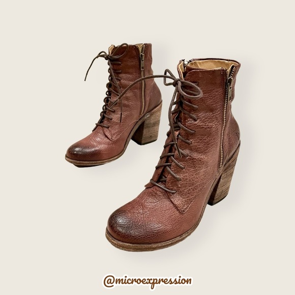 $428 Frye Vintage Brown Cognac Real Leather Distressed Zipper Lace Up Ankle Boot - Picture 10 of 11